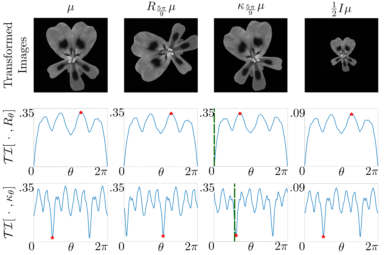 A flower image under rotation, reflection, and rescaling, with the corresponding transformation information curves for rotations and reflections